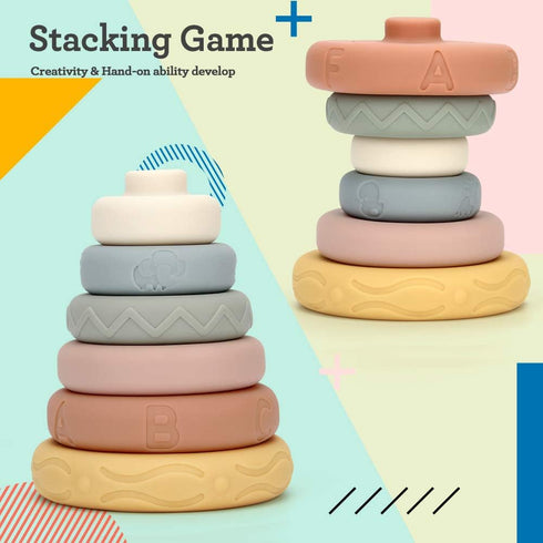 Mini Tudou 6 PCS Baby Stacking & Nesting Toys - Soft Stacking Blocks Ring Stacker - Baby Sensory Teether Toys for Early