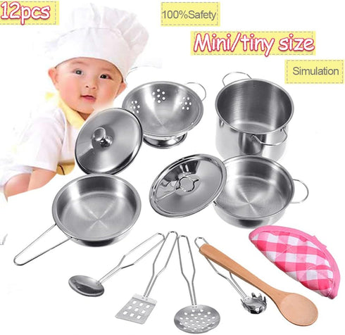 Play Pots and Pans Toys for Kids Kitchen Playset with Mini Stainless Steel Cooking Utensils for Toddlers & Girls