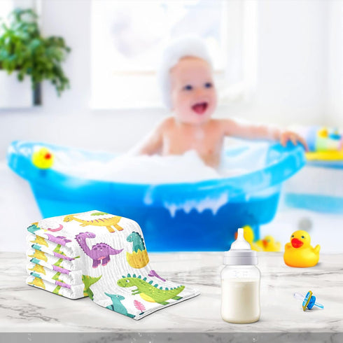 12 12 5 Pack Cartoon Dinosaur Baby Muslin Washcloths Cute Burp Cloths Soft Absorbent Baby Wash Cloth Fingertip Face