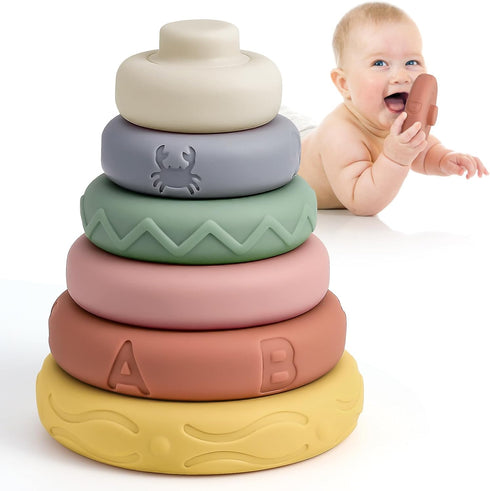 Mini Tudou 6 Pcs Stacking & Nesting Circle Toy, Soft Building Rings Stacker & Teethers for 6+ Months Boys & Girls