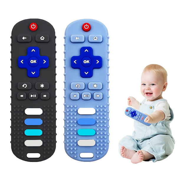 Silicone Baby Teething Toys for Babies 3-6-18-24 Months - Remote Control Shape Teething Toys, BPA Free (L-BlackBlue)