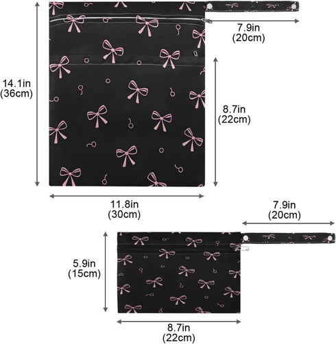 Haskirky 2 Pink Bows Black Pcs Cloth Diaper Wet Dry Bags,Waterproof and Washable Bag for Travel Reusable Wet Bag