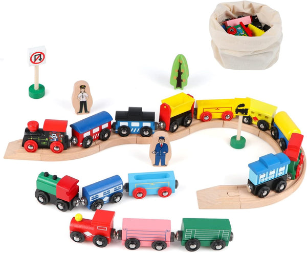 Joqutoys 31 PCS Wooden Train Cars - Magnetic Train Set Includes 15