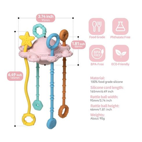 Montesorri-Toys - Pull String Toys for Baby - Made of 100% Food Grade Silicone with Built-in Rattle Function and Easy to Clean Design (Pink)