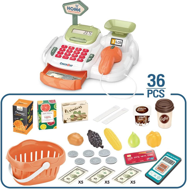 yoliyogo Playset Pretend Play Cash Register Toy with Functional Caculator Cashier Scanner Toy Supermarket with Simulate