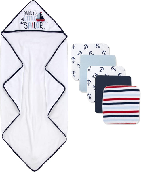 Set 6-12 Baby Hooded Bath Towel and Washcloth for Infants, Boys and Girls Months (Daddy's Sailor)
