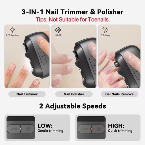 generic Trimmer: 3-in-1 2-Speed, Electric Nail Clipper Fingernail Automatic Nail Polisher with LED Light, Clip Storage