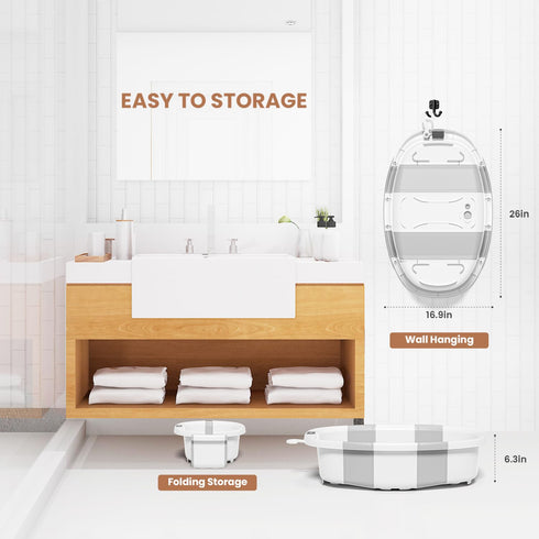 JoyYum 0-36 Collapsible Baby Bathtub with Soft Cushion and Thermometer, Newborn to Toddler Tub Months with Toy Storage