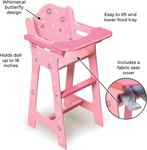 Badger Basket Pink Toy Blossoms and Butterflies Doll High Chair Feeding Seat for 18 Inch Dolls