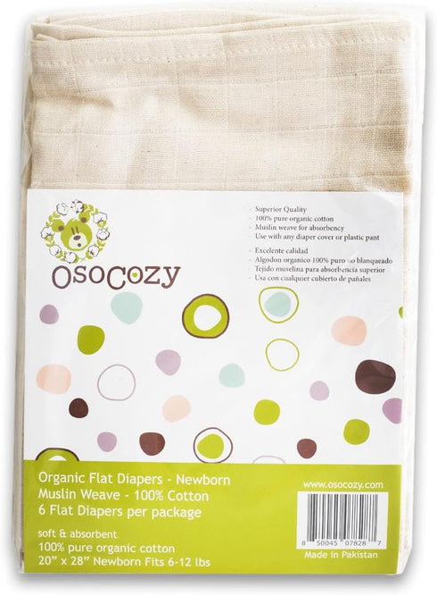 OsoCozy 100% 6 Pack. 6-12 Organic Muslin Flat Cloth Diapers - Made of Ecologically Friendly, Soft, Absorbent, Double