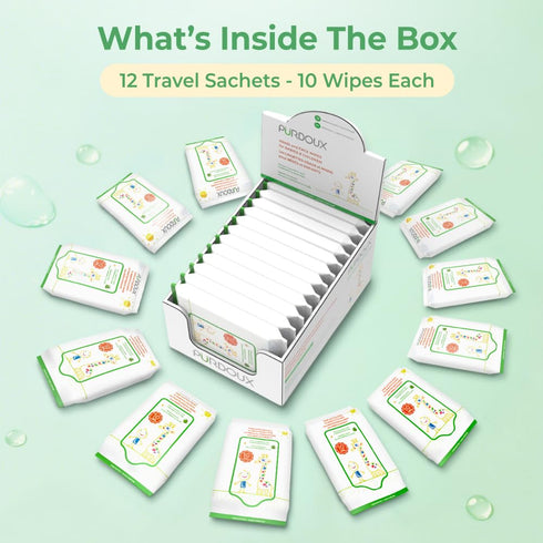 120 (12 Packs 10) PURDOUX TM Hand and Face Wipes for Babies and Children Wipes