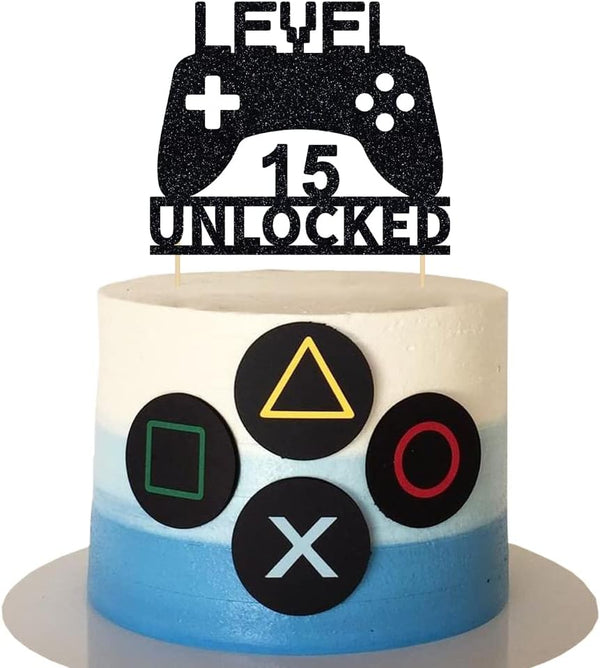 Level 15 Unlocked Cake Topper - Video Game Cake Topper for 15th Birthday Party Decoration