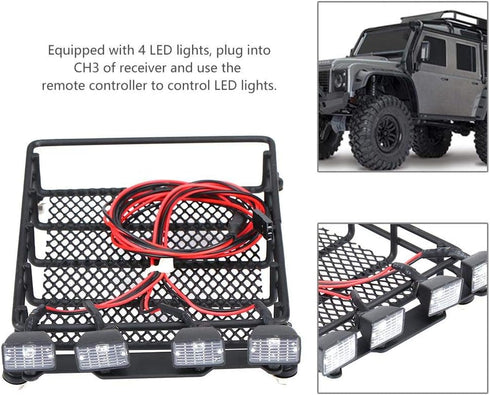 RC Car Roof Rack, Middle Size Luggage Carrier with Quadrate LED Lights for SCX10