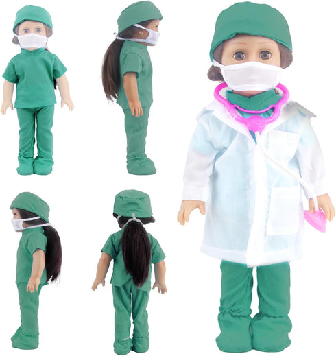Doll Doctor Outfits and Medical Kit Accessories for 18 Inch Dolls, White Coat, Green Scrubs, Playset