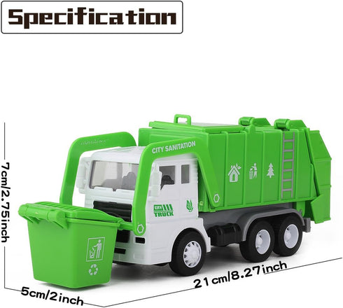 Set, 4 FIVEDAOGANG Small Friction Powered Garbage Truck Toys Includes Front Load Dumpster, Trash Bins and Trash