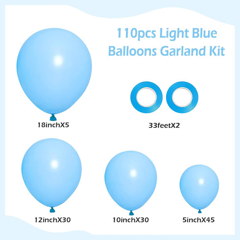 FOTIOMRG 110pcs 18 12 10 5 inch Pack Light Blue Balloon Garland Arch Kit, Light Blue Latex Balloons Different Sizes