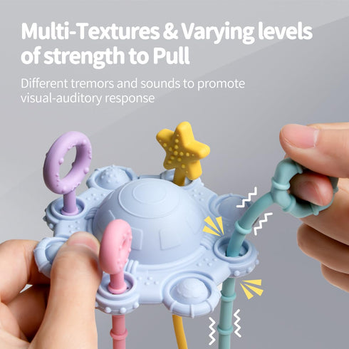 Montessori Pull String Toys for Baby, 100% Food Grade Silicone with Built-in Rattle Function, Easy to Clean (Blue)