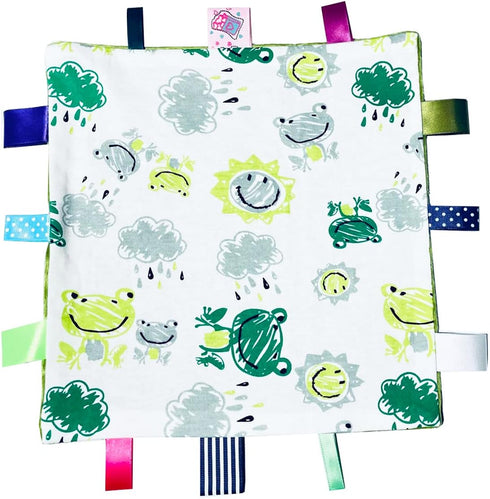 Green Frog Baby Tags Blanket, Cute Toddler Security Blanket with Tags, Soft Lovey Tags for Baby Gift