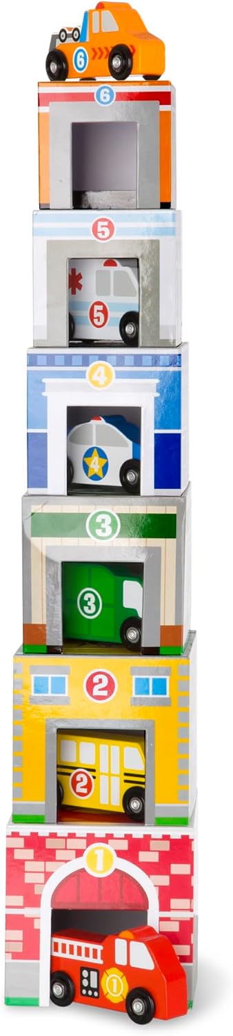 Melissa & Doug Nesting and Sorting Blocks - 6 Buildings, 6 Wooden Vehicles, FSC Certified