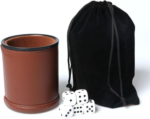 Leather Dice Cup Set - Felt Lining Quiet Shaker with 5 Dot Dices for Farkle Yahtzee Games, Brown