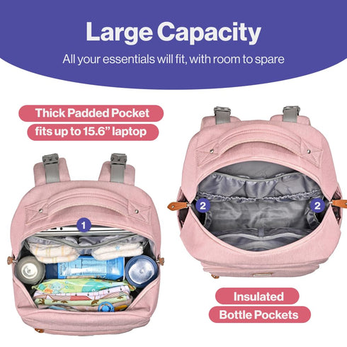 BabbleRoo Pink Diaper Bag Backpack, Travel Backpack with Changing Pad, Pacifier Case & Stroller Straps, Multifunction,