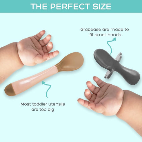 Grabease Baby Spoons - Toddler Utensils, BPA-Free & Phthalate-Free, 2 Sets in Teal and Gray