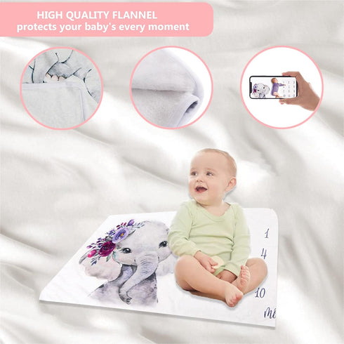 Elephant Newborn Baby Monthly Milestone Blanket, Organic Plush Fleece Photography Background Prop for Boy Girl