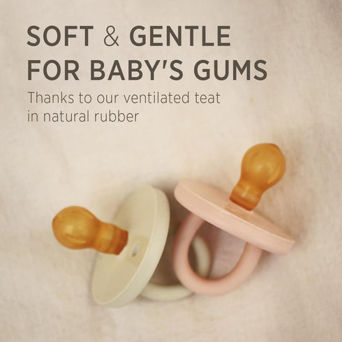 0+ Two-Pack HEVEA Natural Rubber BumiBb Pacifiers - Newborn Months - Round Teat Shape - - Dove Grey & Sage