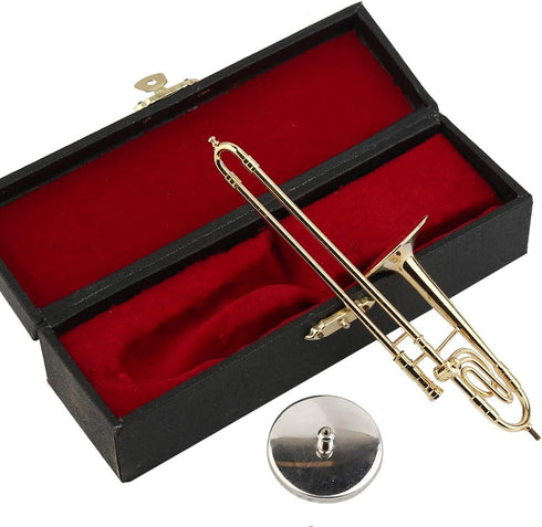 Dselvgvu (5.91"x1.25" Miniature Trombone with Stand and Case Brass Mini Musical Instrument Replica Collectible