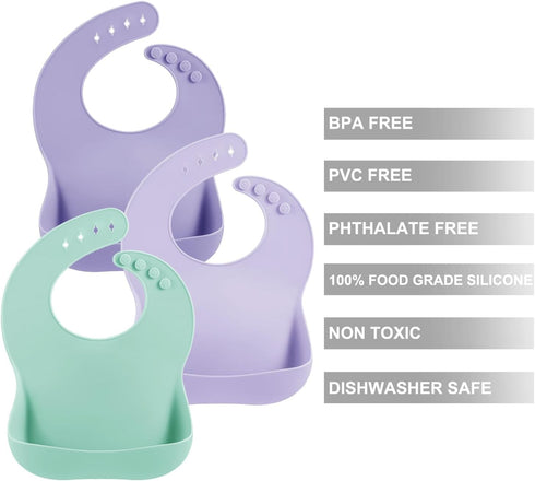 3 Pack PandaEar Silicone Bibs for Boys Girls for Babies & Toddlers, Waterproof Feeding Bib with Large Food Catcher, BPA