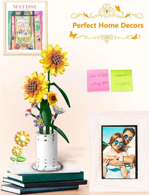 AMSHINE Set, Sunflower Bouquet Building Block Flower with Vase Building Toys, Home Garden Office Decorations and Party