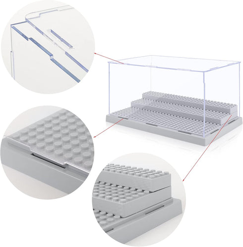 Mlikero 2 Pack Display Case for Minifigures - Clear Dustproof Acrylic Storage Box with 3 Movable Steps, Gray