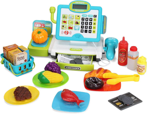FS Pretend Play Cash Register Toys with Scanner, Calculator, Large Drawer, Microphone,