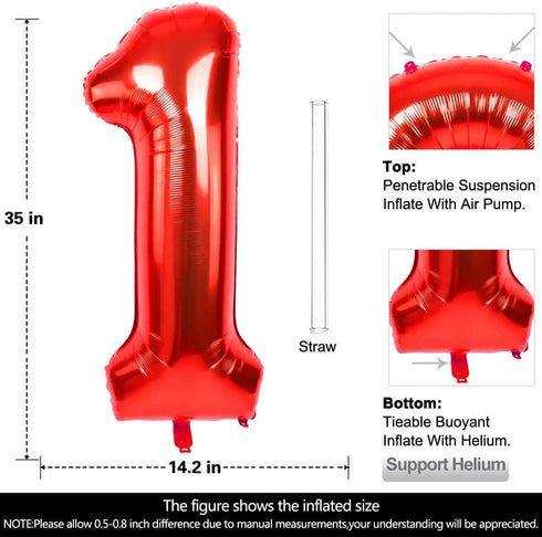 40 Inch Large Red Number 1 Balloon, Jumbo Digit Mylar Foil Helium Balloons for Birthday Party Celebration Decorations