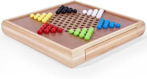 VAMSLOVE 13" Chess Chinese Checkers 2 in 1 Wooden Board Game Set with Pieces Storage Drawer, Bonus Marbles for Birthday