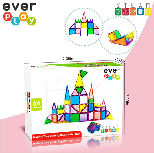 Everplay 66 pc Magnetic Tiles with Multicolored Car Set, Building Blocks Toys, STEM Educational Learning Magnet Toy Preschool Montessori Boys & Girls Smart Kit Games Gifts for Age 3+ Kids Toddlers