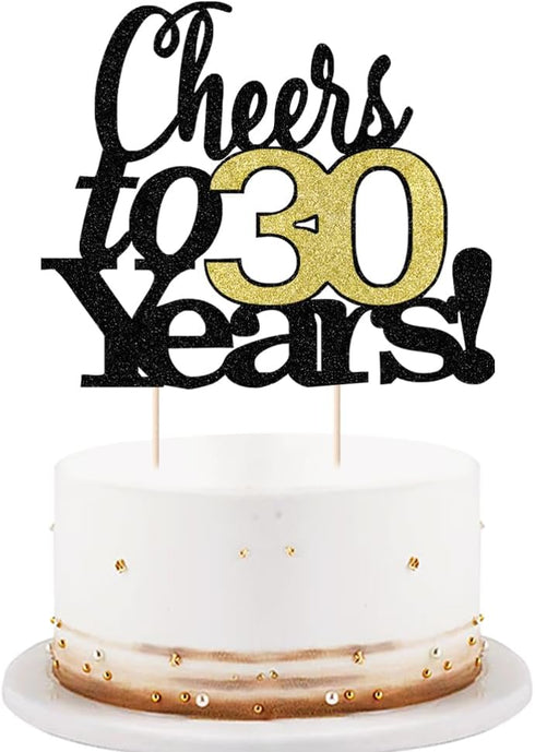 LVEUD Black Font Golden Numbers Cheers to 30 Years - Happy Birthday Cake Topper for Wedding, Anniversary, Birthday Party