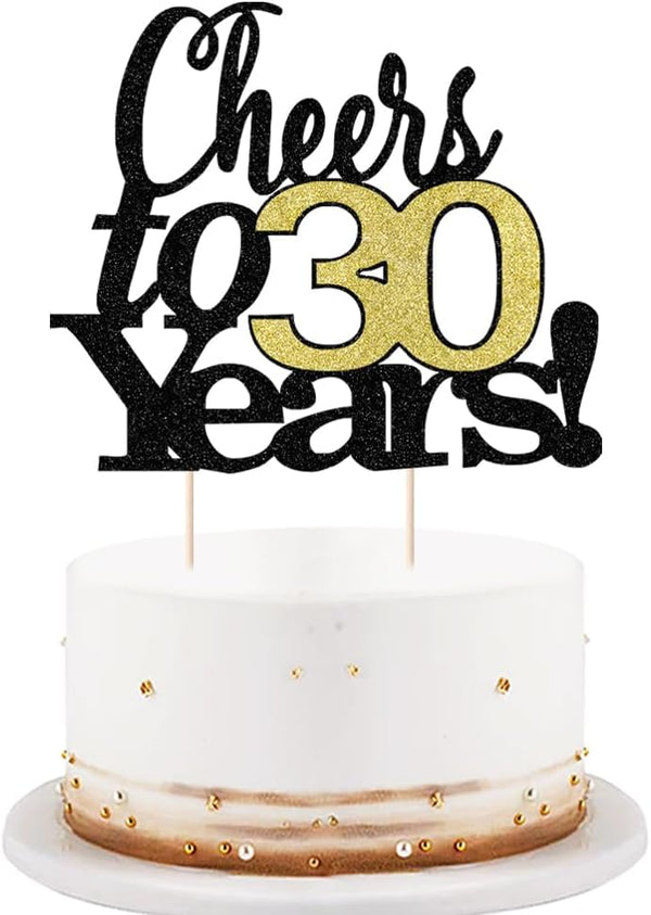 LVEUD Black Font Golden Numbers Cheers to 30 Years - Happy Birthday Cake Topper for Wedding, Anniversary, Birthday Party