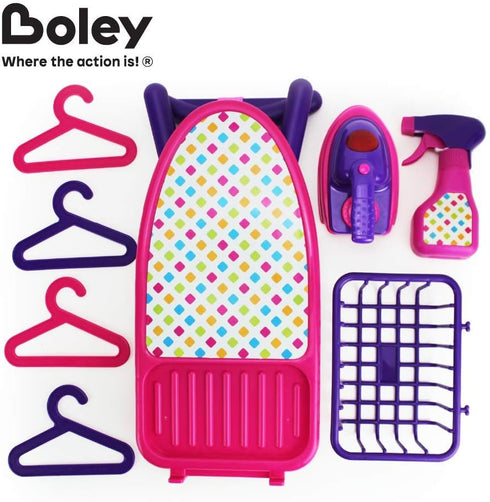 Boley Pretend Play Laundry Playset - 8-Piece Pink and Purple Toy Ironing Board Set with Realistic Lights & Sounds Iron, Working Spray Bottle, Hangers, and Storage Basket for Kids and Toddlers