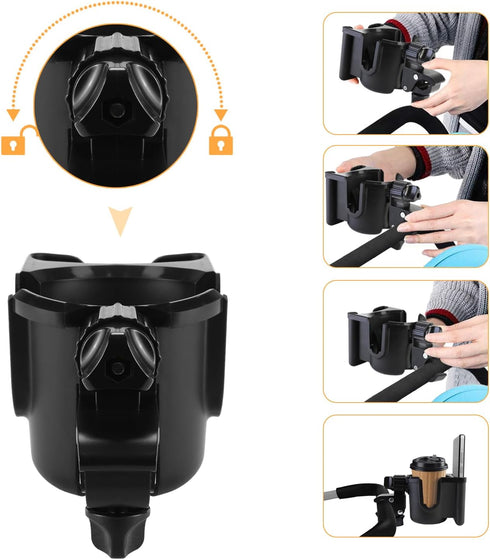 360Rotatable Universal Stroller Cup Holder with Phone Holder, Bottle Holder with Strong Clip, Accessories for Stroller