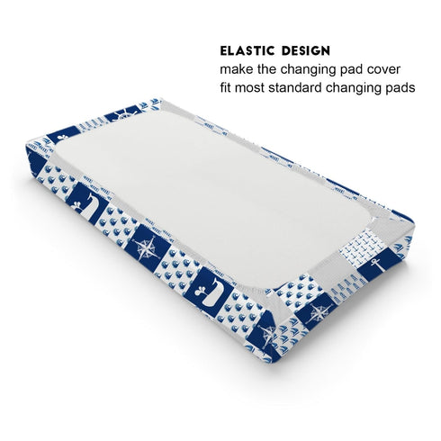 Navy Nautical Life Changing Pad Cover, Marine Ocean Lighthouse Compass Whale, 32''x16'' Soft Stretchy Fitted