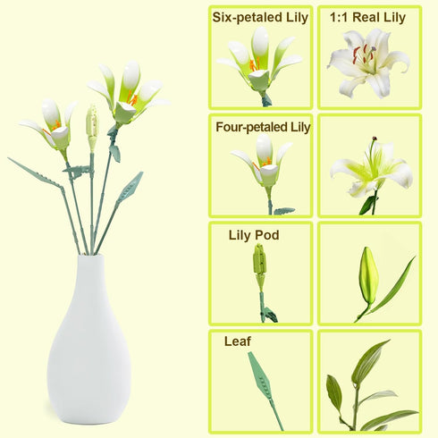 Lily Flower Building Kit - White Flower Bouquet Building Block Set, Mini Bricks for Gifts/Home Decor, Botanical