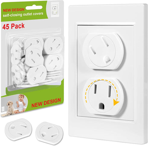 Outlet Covers (45 Pack) - Self-Closing 3-Prong Swivel Electrical Outlet Protectors for Baby - Upgraded Adhesive