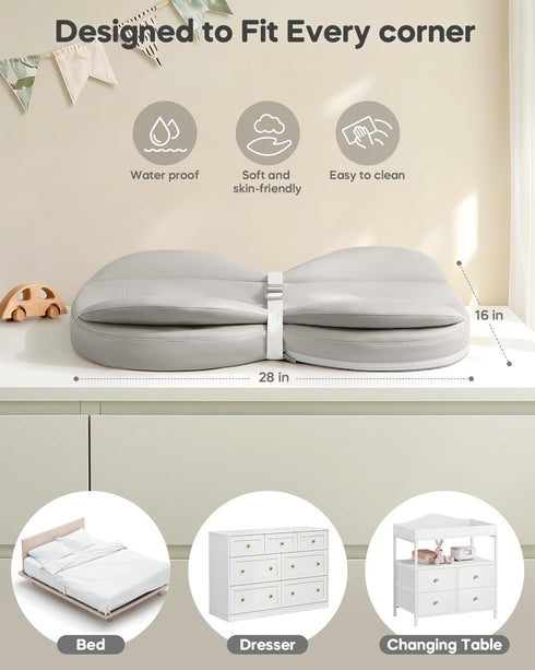 28"16", Baby Changing Pad, Waterproof Wipe-Clean PU Leather with High-Density Foam, Non-Slip Raised Edge Contour