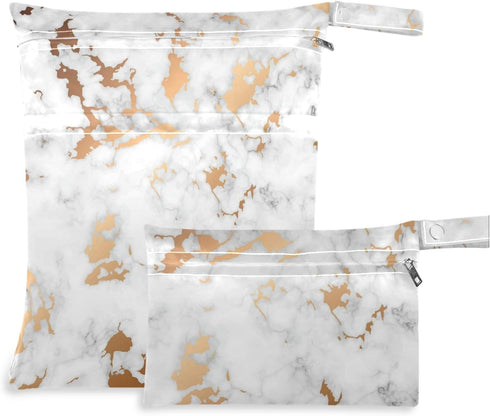 visesunny White Marble with Gold Texture Modern 2Pcs Wet Bag with Zippered Pockets