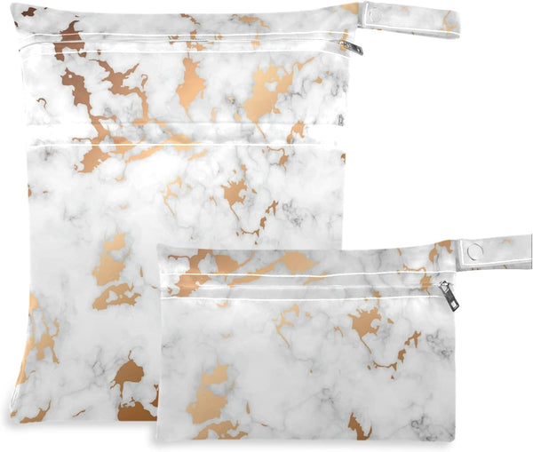 visesunny White Marble with Gold Texture Modern 2Pcs Wet Bag with Zippered Pockets