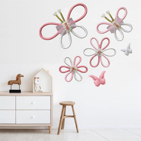 KUNHEHO Set 6 Butterfly Wall Decor of Daisy Flower Boho Nursery Wall Dcor Bohemian Macrame Woven Rattan Wall Hanging