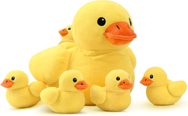14" Yellow Duck Stuffed Animal with Babies, Ducky Plush Playset with Zipper