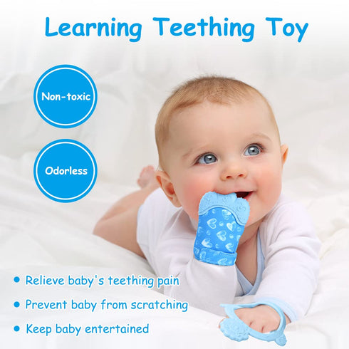 Vicloon 2Pcs 0-6 Silicone Teething Mitt, Baby Teething Mitten with Adjustable Strap, Crinkle Sound and Textured, Self