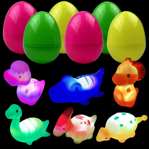JoFAN 6 Pack Prefilled Jumbo Plastic Easter Eggs with Light Up Dinosaur Bath